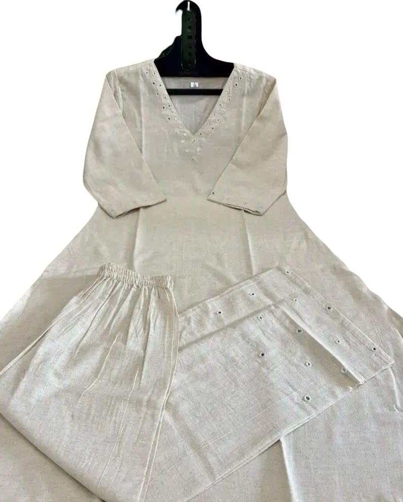 White Cotton Kurta Plaza Set with Mirror Work. White (IN, Alpha, XL, Regular)