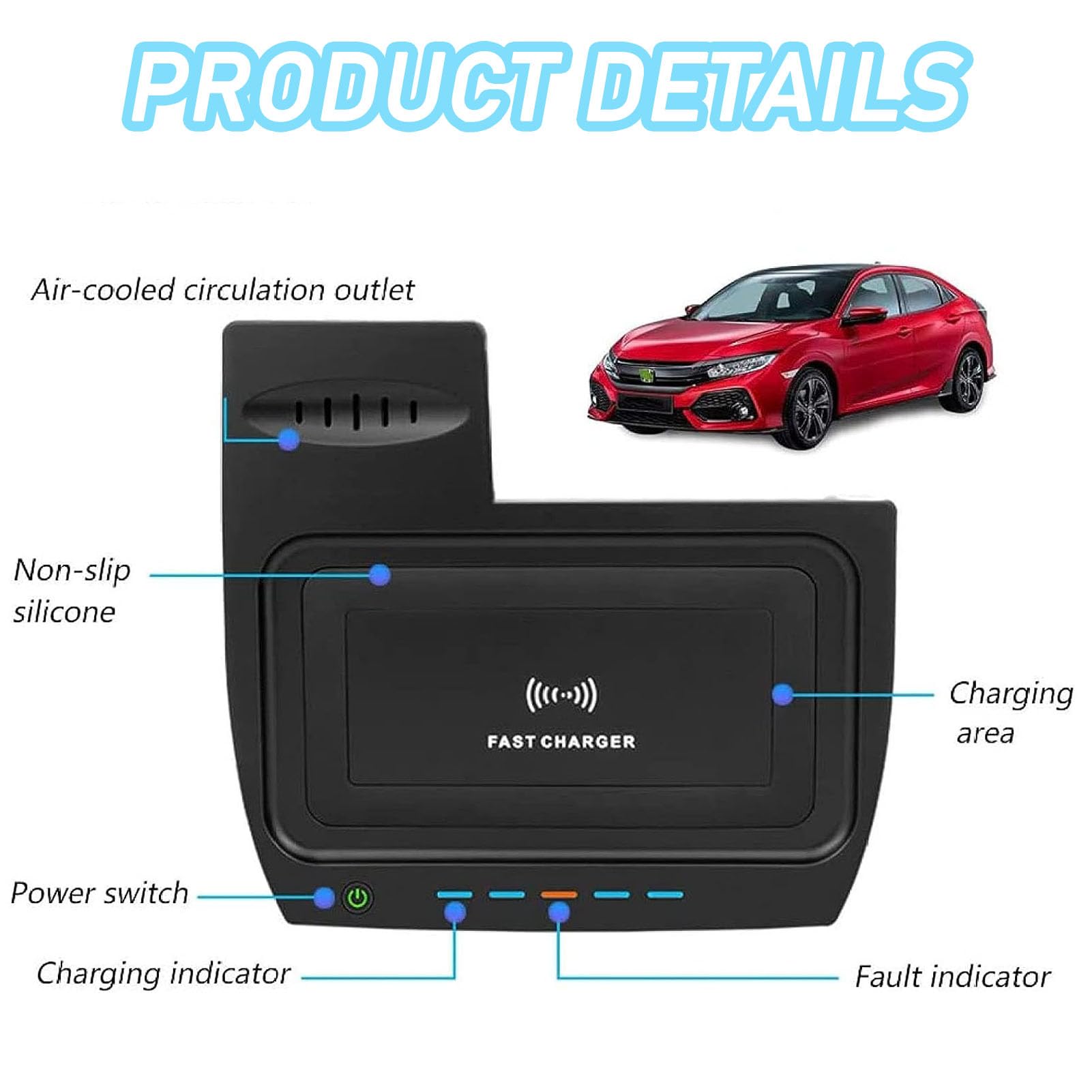 Caricabatterie Wireless per Auto per Civic di 10a Generazione, Tutti i Modelli, Accessorio con Ricarica Rapida Wireless da 15 W e USB Qc3.0, Regalo per la Famiglia