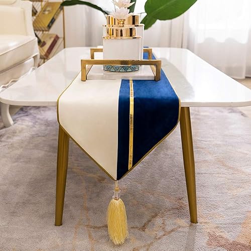 Miniatura 2 de Avigers 12 x 78 pulgadas - Camino de mesa decorativo de lujo de terciopelo con parches a rayas azul marino, blanco y dorado de cuero con borlas para