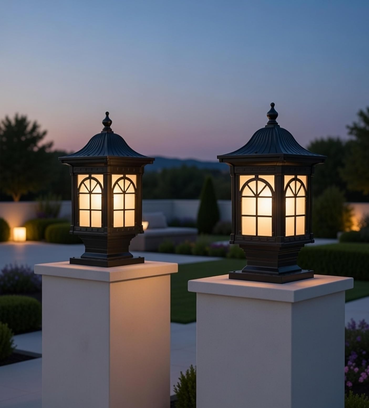 Weldecor Outdoor Gate Pillar Light Matte Black Metal Lantern, Waterproof Exterior Post Light, LED Compaitable Base Garden Boundary Wall Entrance Column Lamp Set of 2-image-2