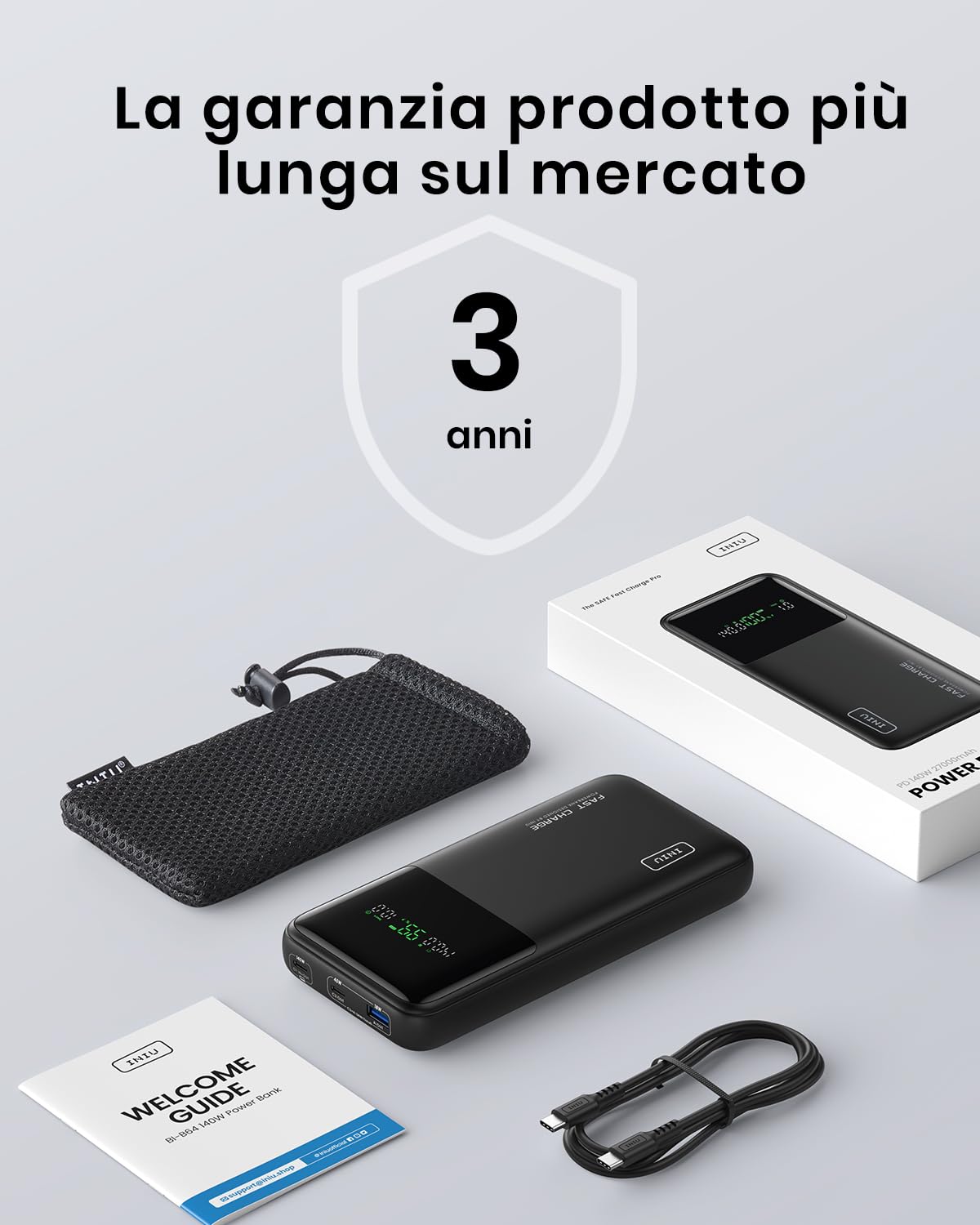 INIU Power Bank 27000mAh 140W, Caricatore Portatile per Laptop con Cavo Incorporato e Display Digitale, 3 Porte Ricarica Rapida, Batteria Esterna per MacBook iPhone Steam Deck iPad Samsung
