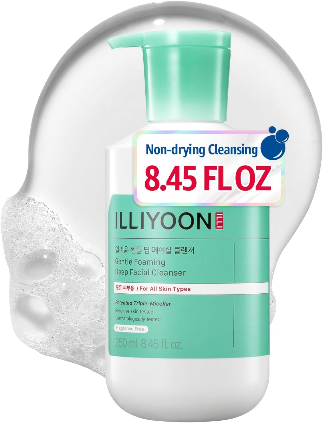 Illiyoon Gentle Deep Facial Cleanser | Low pH Gel-to-Foam Face Wash for Sensitive Skin, Hydrating Gel Cleanser & Daily Makeup Remover, Korean Skincare, 8.45 fl.oz.