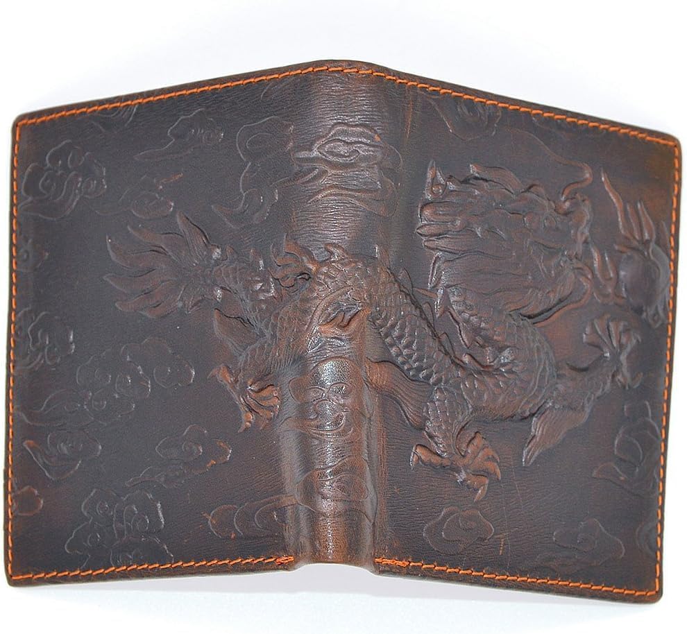 Portefeuille vintage en cuir véritable de buffle marron et motif dragon rétro
