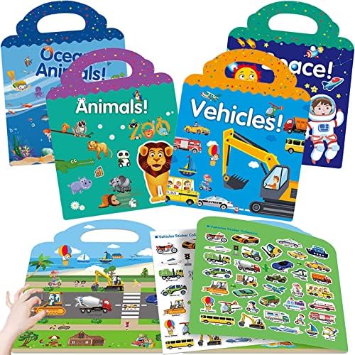 Sticker Books Toys for 2 3 4 Year Olds Boys Girls, 4 Pack Reusable Clear Static Sticker Book for Kids, Animal Vehicles Space Ocean Sticker Books for Toddlers Age 2-4 Birthday Gift Educational Learning