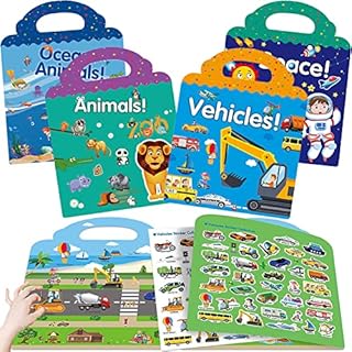 Sticker Books Toys for 2 3 4 Year Olds Boys Girls, 4 Pack Reusable Clear Static Sticker Book for Kids, Animal Vehicles Space Ocean Sticker Books for Toddlers Age 2-4 Birthday Gift Educational Learning