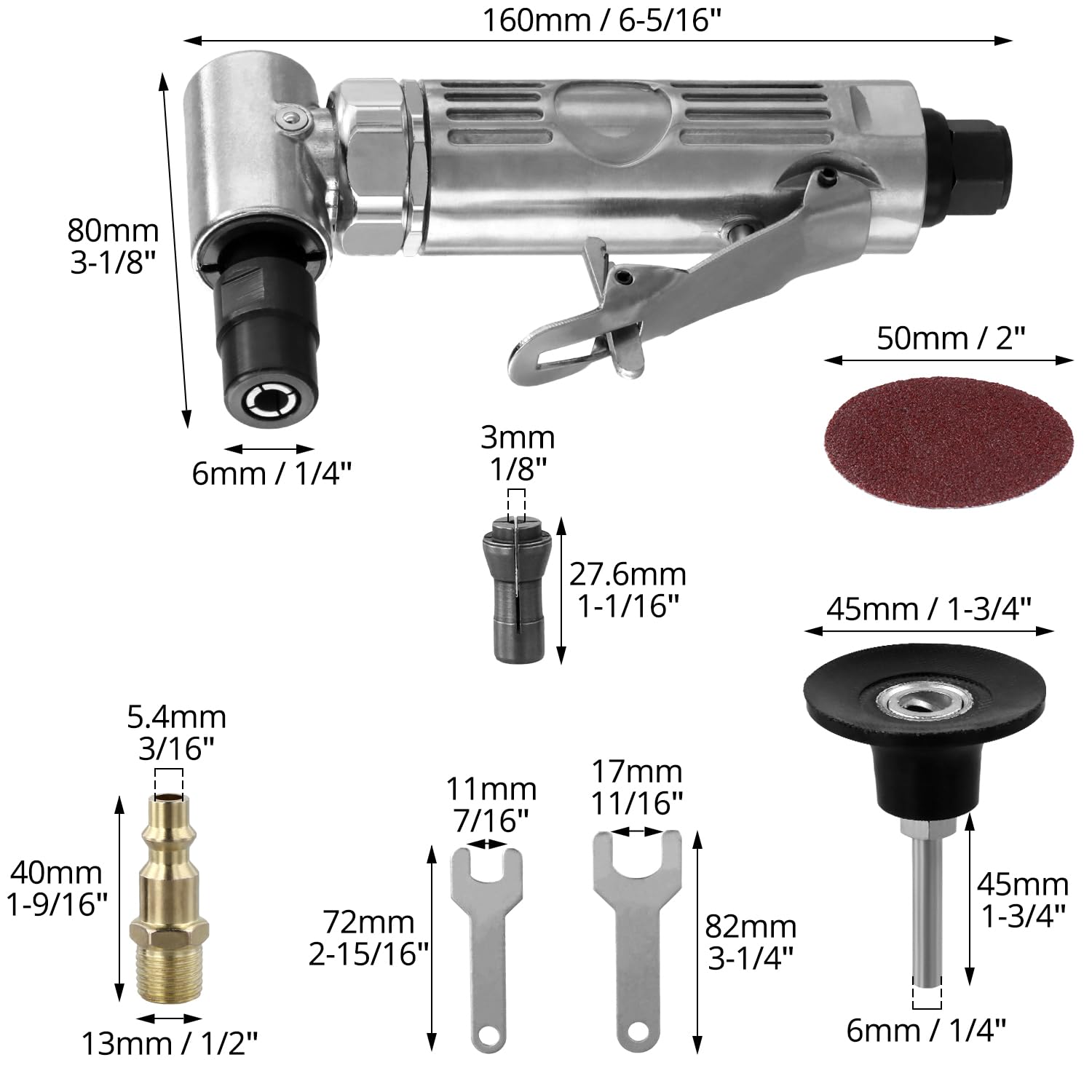 QWORK® Amoladora angular de 90° y muelas abrasivas de 50 mm - presión de funcionamiento 6,2 bar, velocidad de ralentí 12000 rpm - para pulido y esmerilado de precisión