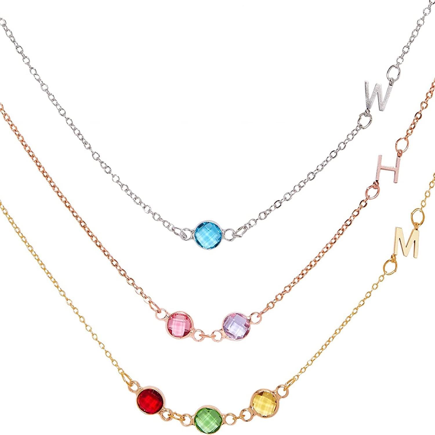 MignonandMignon Personalized Birthstone Necklace Custom Family Jewelry with Initials, Friendship Keepsake for Women, Best Friend or Bridesmaid Gift with Birth Month Gemstones