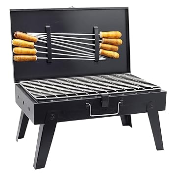 First One (Device) Briefcase Foldable Portable and Picnic Barbeque with 8 Skewers, 1 Iron Grill and 1 Packet of Charcoal, Black.