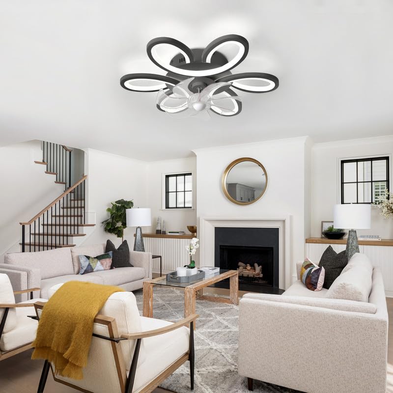 LED Deckenventilator Mit Beleuchtung Leise Dimmbar Blume Lampe Mit Ventilator FüR Schlafzimmer Fernbedienung Reversibel Deckenlampe Mit Ventilator Smart Modern 65cm FüR Wohnzimmer, KüChe, Schwarz