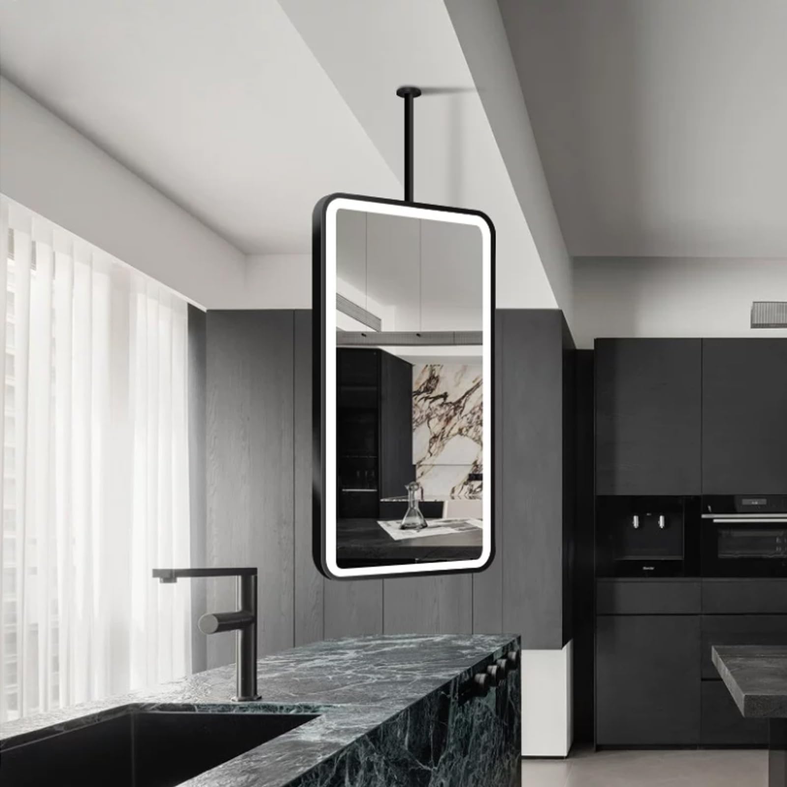 FGXHHS Ceiling Mounted LED Mirrors For Bathroom Hanging Rod Mirror，Floating Wall Vanity Makeup Shaving Mirror Suspended for Bedroom，Living Room，Entryway，Black(40cmx60cm)