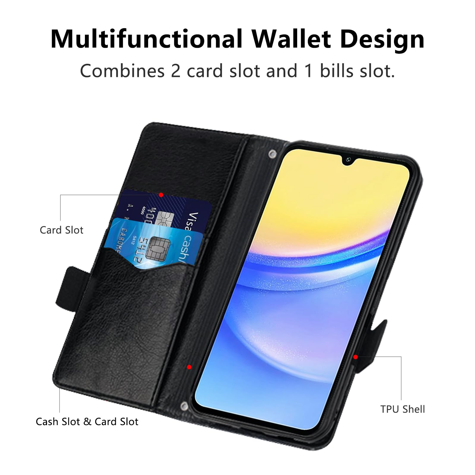 MAMA MOUTH Cover per Samsung Galaxy A55 5G, Custodia Flip Pelle Portafoglio, Magnetica Libro Slot Schede A55 Cover, Silicone TPU Bumper Wallet Supporto Antiurto Case Per Galaxy A55 Nero