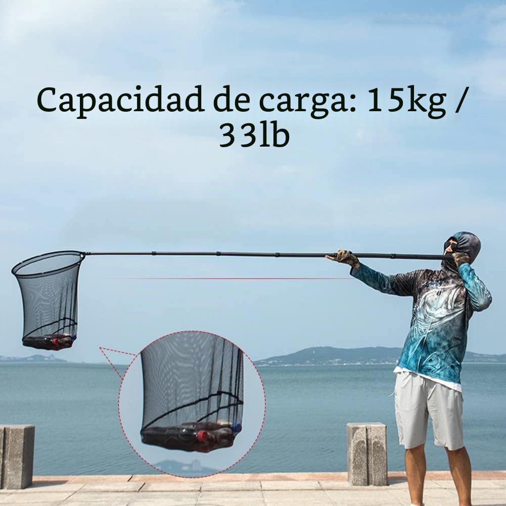 SPORTARC Red de pesca de fibra de carbono portátil de 3 m, mango largo, telescópica de fibra de carbono, caña de pescar con mango de pescado, barra plegable