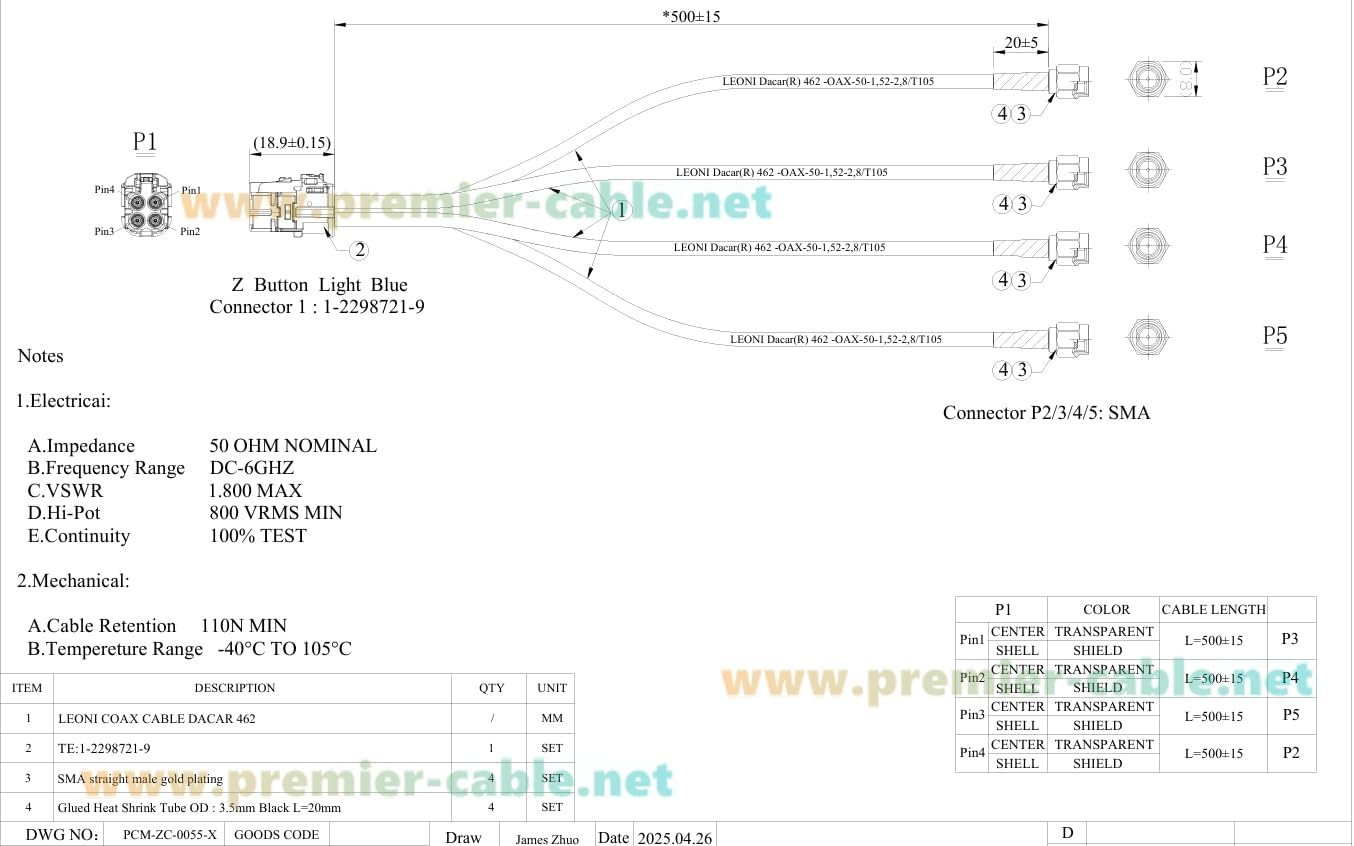 TE Mate-AX 1-2298721-9 4 in 1 Mini Fakra Z Female to 4 SMA Male Vehicle Coaxial Extension Cable 50 Ohm DACAR 462 Automobile Test Harness for ADAS, Infotainment, Navigation(0.5M/1.64FT)