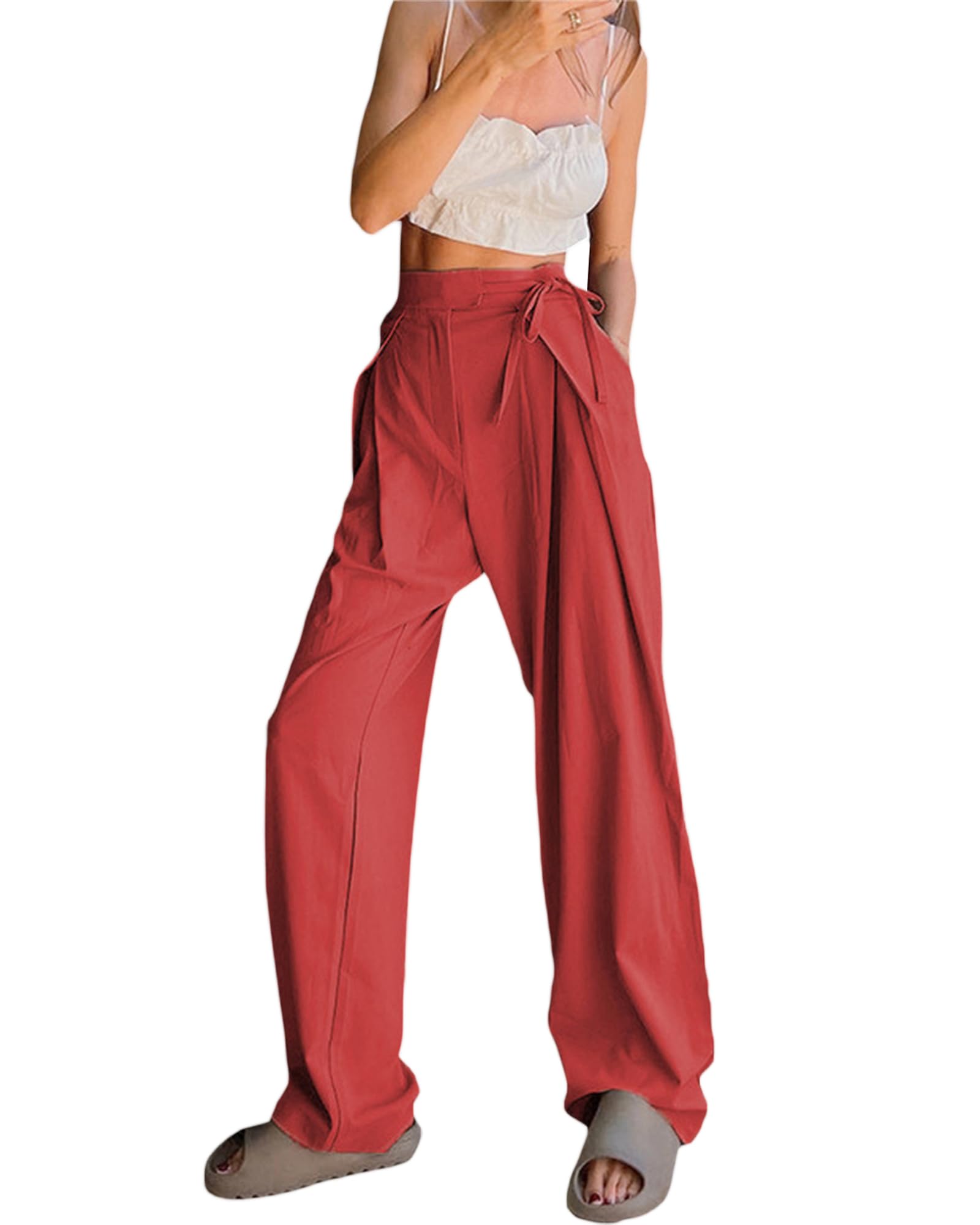 Owls-Yard Women s Palazzo Lounge Pants High Waist Solid Color Suit Pants Fall Trendy Loose Straight Leg Pants