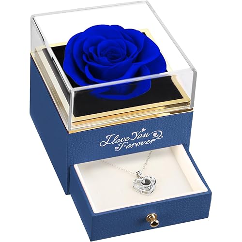 ASELFAD Preserved Flowers Real Blue Rose with I Love You Necklace - Eternal Rose Gifts for Her at Valentine's Day, Mother's Day, Christmas, Anniversary or Birthday