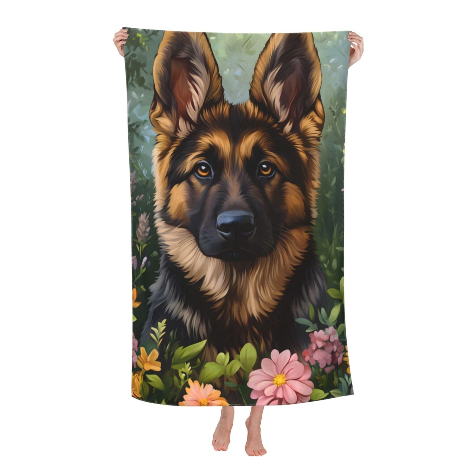 HLBSDM Majestic German Shepherd Beach Towel Microfiber Quick Dry Sand Proof Lightweight Bath Pool Floral Dog Towel for Women Adults Kids Soft Absorbent Oversized Towels for Swim Travel 32×52 in