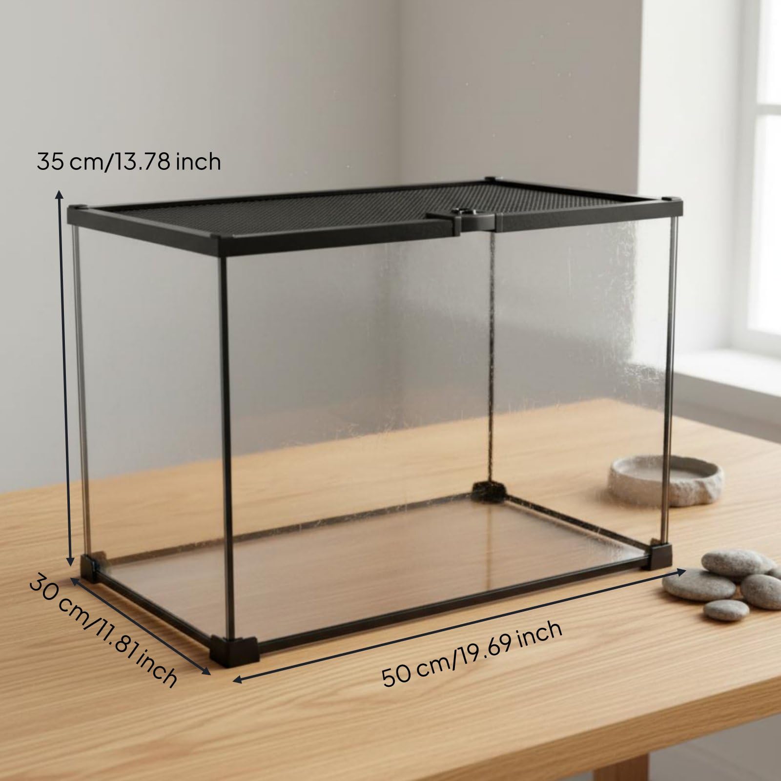 Terrario per Rettili in Vetro Resistente con Visione Panoramica Struttura Impilabile Ventilazione Ottimale Chiusura di Adatto a Casa E Allevamento, 50x30x35cm