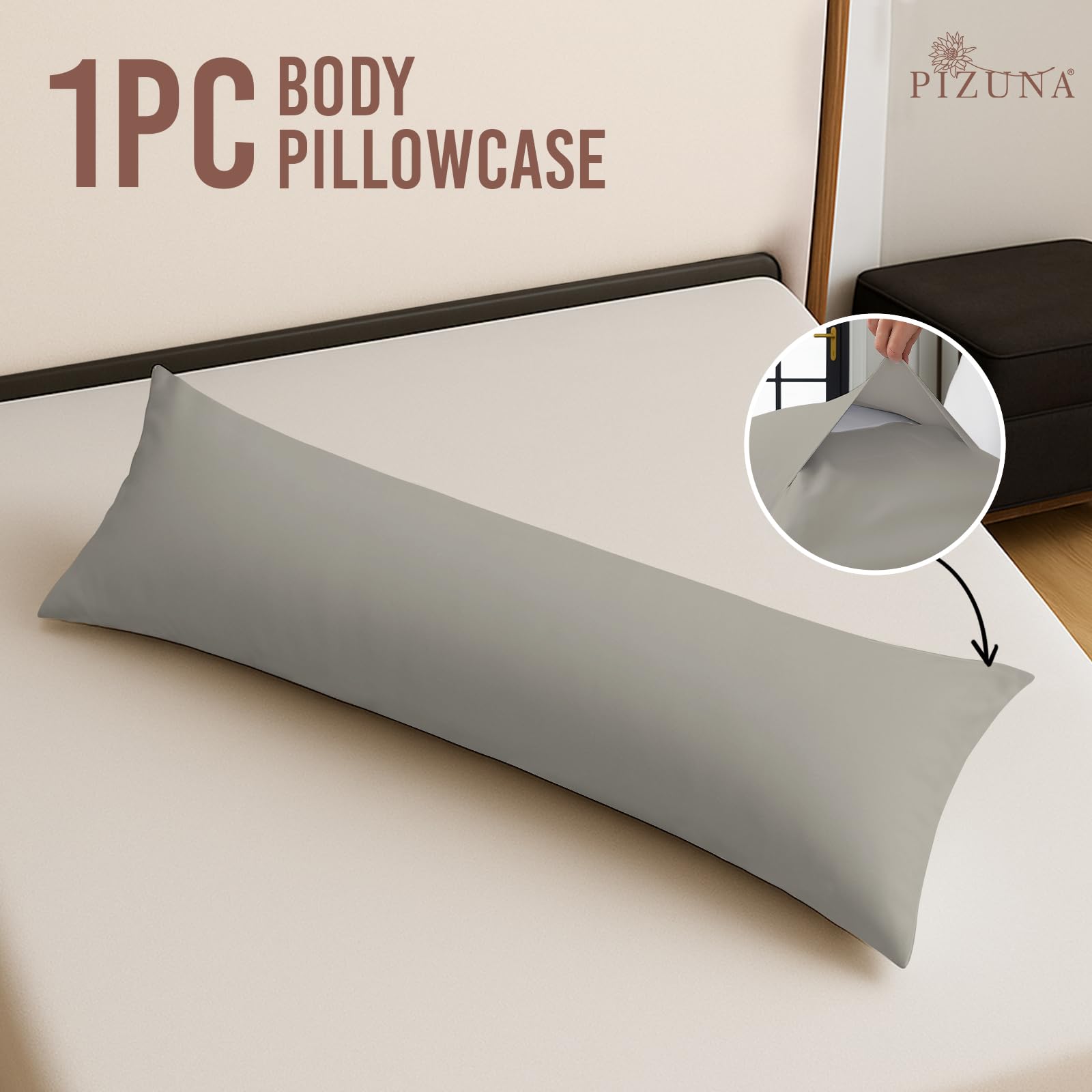 Pizuna Cotton Ash Grey Body Pillow Cover 1 Piece Only, 400 Thread Count 100% Long Staple Cotton Body Pillow Case 52x140 cm - Image 3