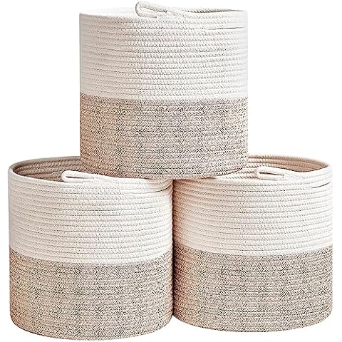 R RUNKA Storage Cube Bins - 3 Pack - Nursery Baskets for Organizing | 11"x11"x11"- Rope Basket for Stylish Storage -Storage Bins for Cube Organizer | White & Beige Cover
