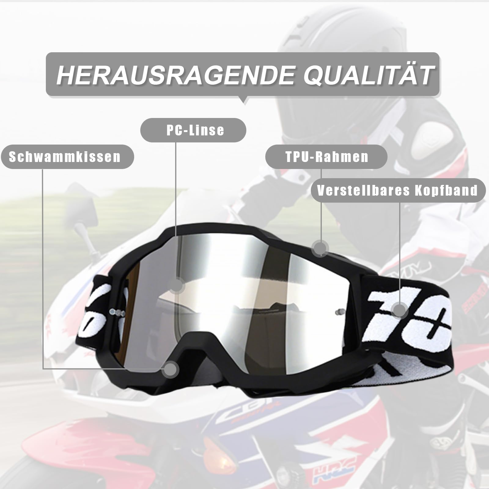 Motocross Brille UV-Schutz,Motorradbrille mit Flexiblem Rahmen,Schwammpolsterung,Fit Über Brille für Radfahren,Skifahren,Klettern
