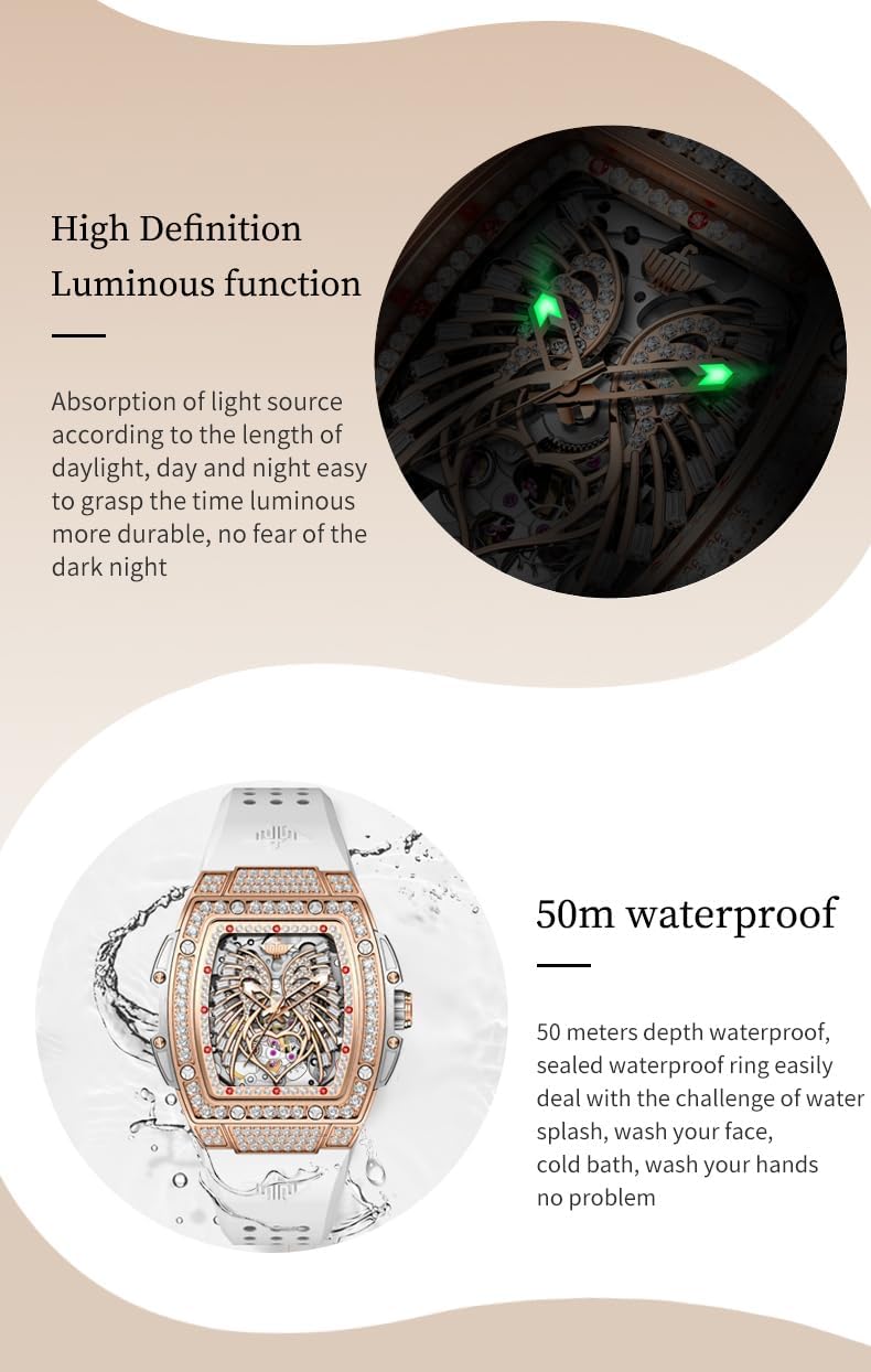 OUPINKE Automatic Watches for Women Fashion Hollow Skeleton Squre Womens Watches Diamonds Rose Gold Waterproof Luminous Mechanical Ladies Watches Red White Soft Silicone Strap - Image 8