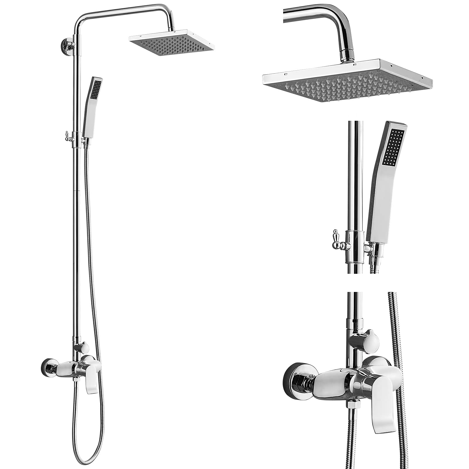 Heyalan Polish Chrome Exposed Shower System 2 Functional Bathroom Shower Set 8 Inch Square Rainfall Shower Head with Hand Sprayer Wall Mounted