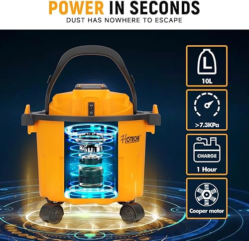Miniatura 4 de Hoteche Aspiradora portátil inalámbrica de 20 V para garaje y taller con taza de polvo de 10 L, función de soplado, funcionamiento silencioso