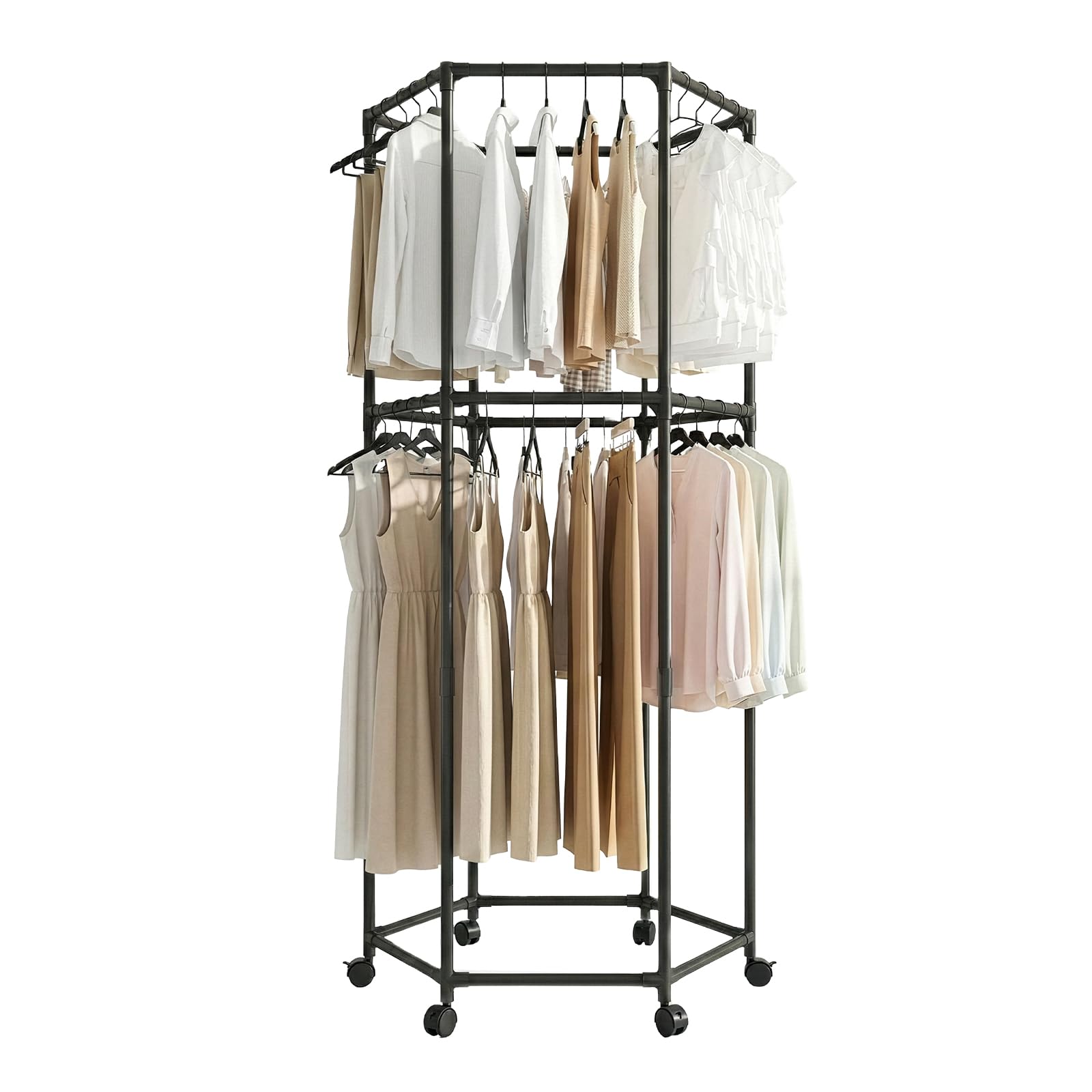 GREENSAPPIRE 1PC Hexagonal Double Layer Rotating Clothes Rack Black