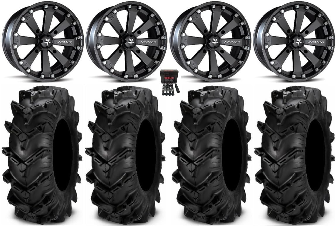 Bundle - 9 Items: MSA Black Kore 14" ATV Wheels 27" Cryptid Tires [4x110 Bolt Pattern 10mmx1.25 Lug Kit]
