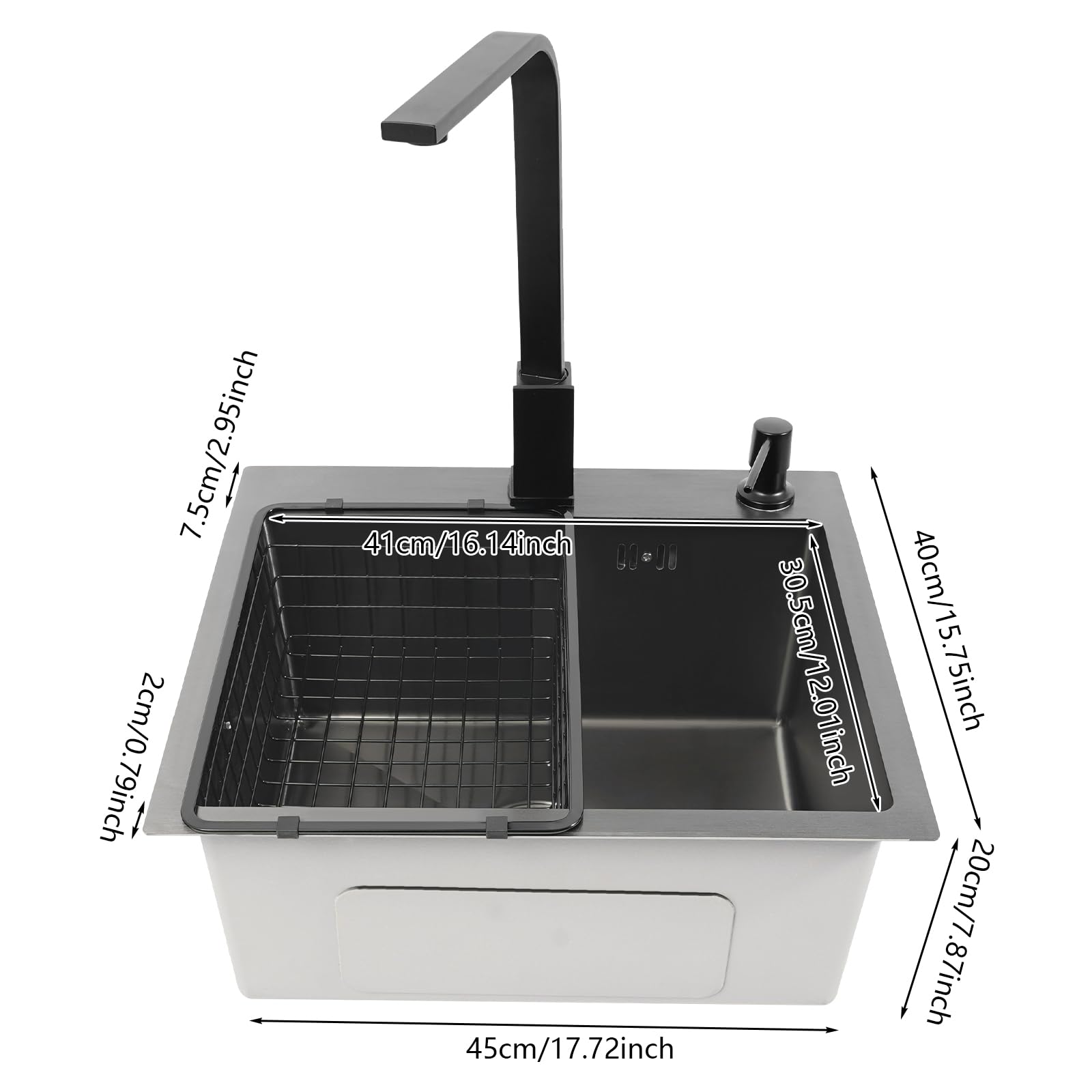 Fregadero de cocina negro, 45 x 40 cm, 1 cuenco, acero inoxidable, rectangular, moderno, empotrable, con escurridor, grifo, dispensador de jabón