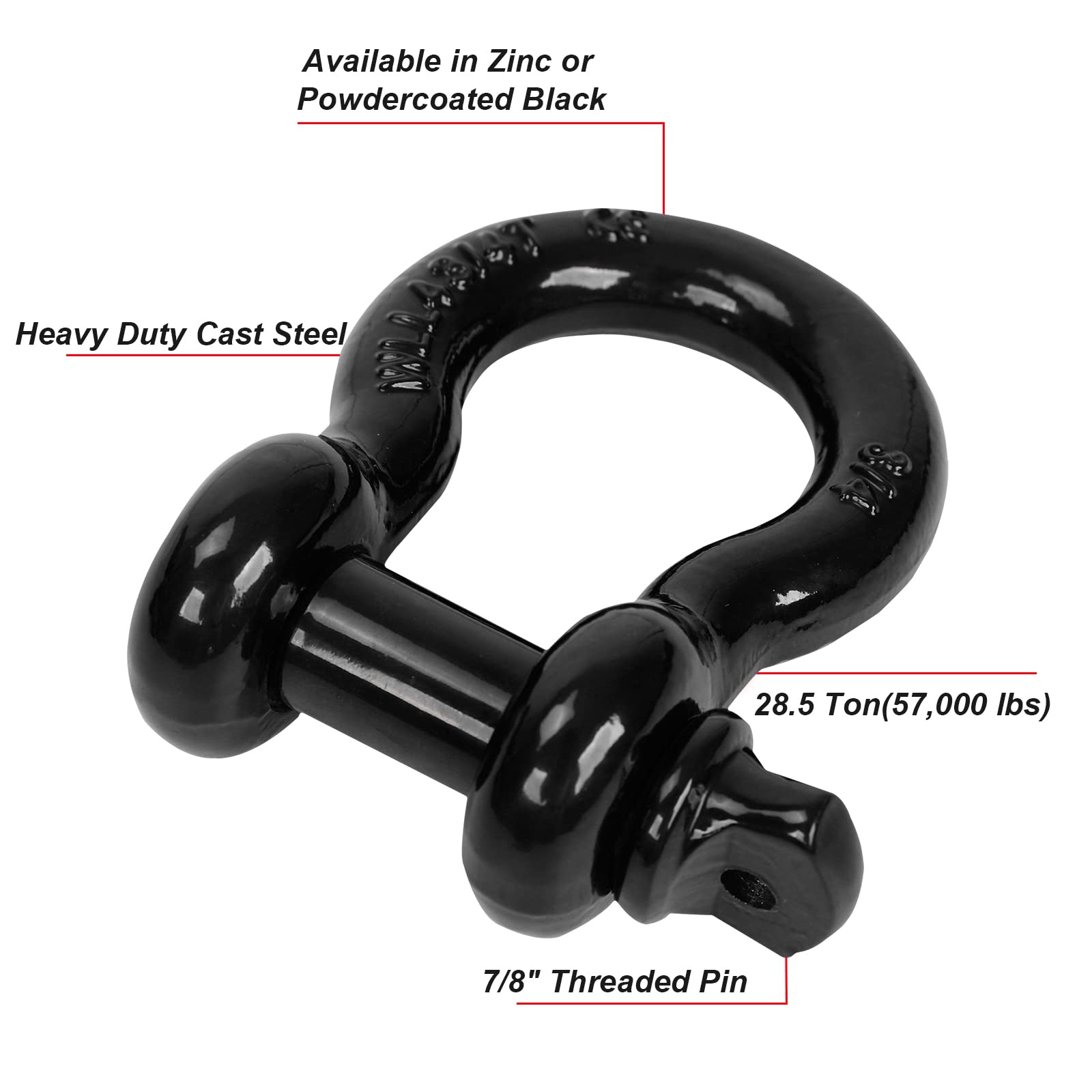 Gooeap 3/4 Inch D-Ring Shackle (2 Pack) with 28.5 Ton (57,000 lbs) Maximum Break Strength Heavy Duty Truck Accessory for Tow Strap Off Road Towing - Black