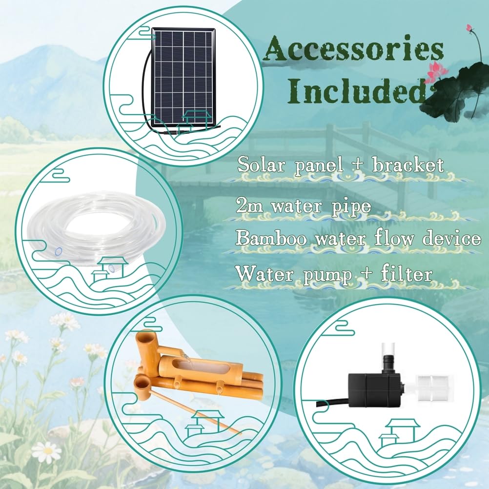 Kit Fontana Solare in bambù con Pompa, Decorazione in bambù Resistente alle spaccature, Cascata Giapponese in bambù per terrazza, Cortile, laghetto, Giardino,30cm