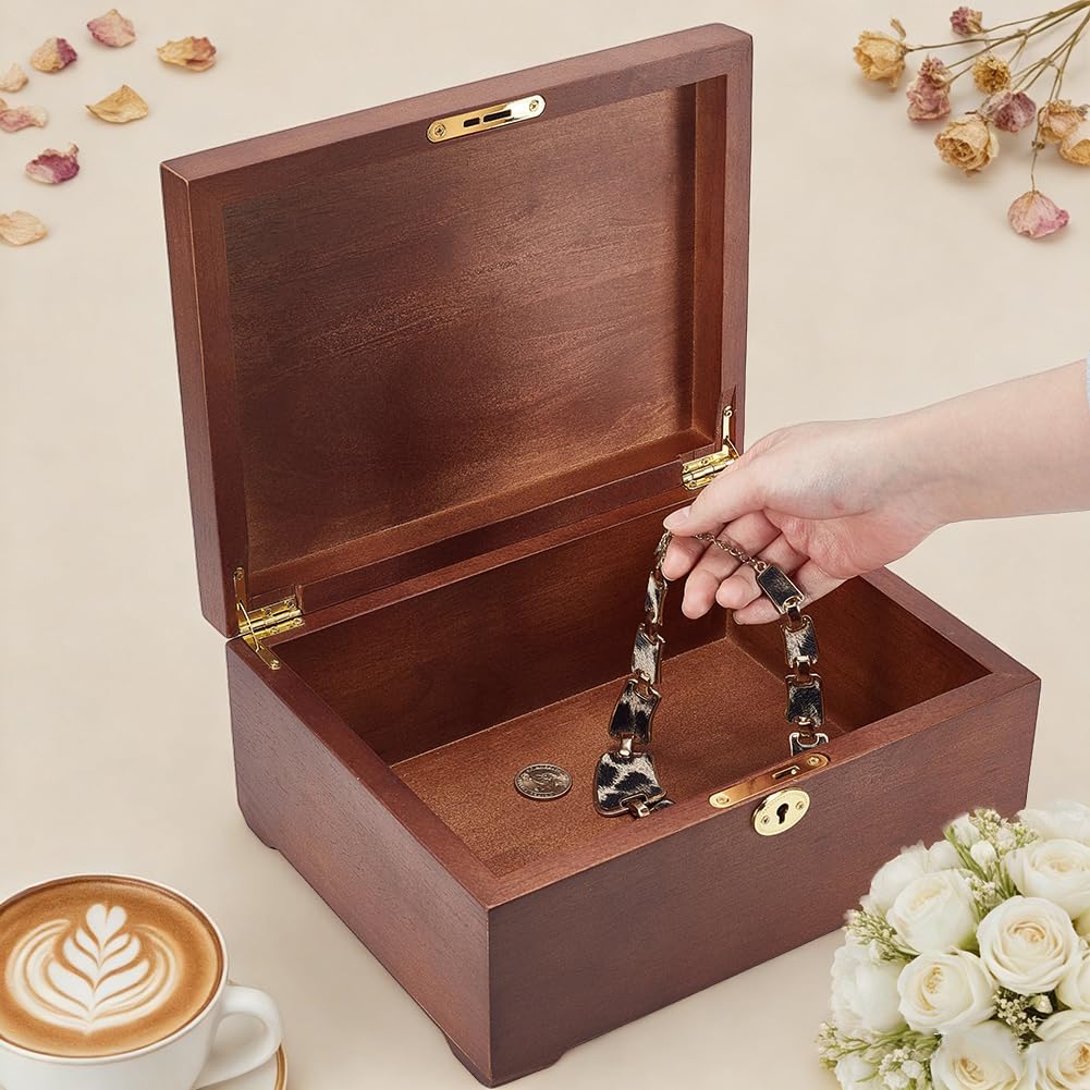 NBEADS 1 caja de recuerdo de madera con tapa con bisagras, caja de almacenamiento grande de madera con accesorios de aleación, caja de madera rectangular decorativa para organizar joyas