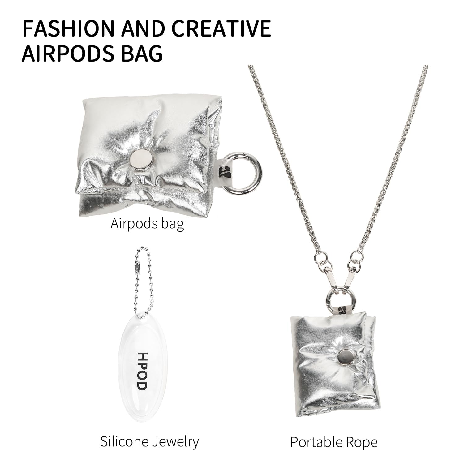 HPOD Compatible with AirPods Case Cover,Fashionable and Trendy Down Cotton Padded Quilted Headphone Bag with Portable Rope for Airpods Pro and Airpods 3 Case (Silver with Chain) - Image 3