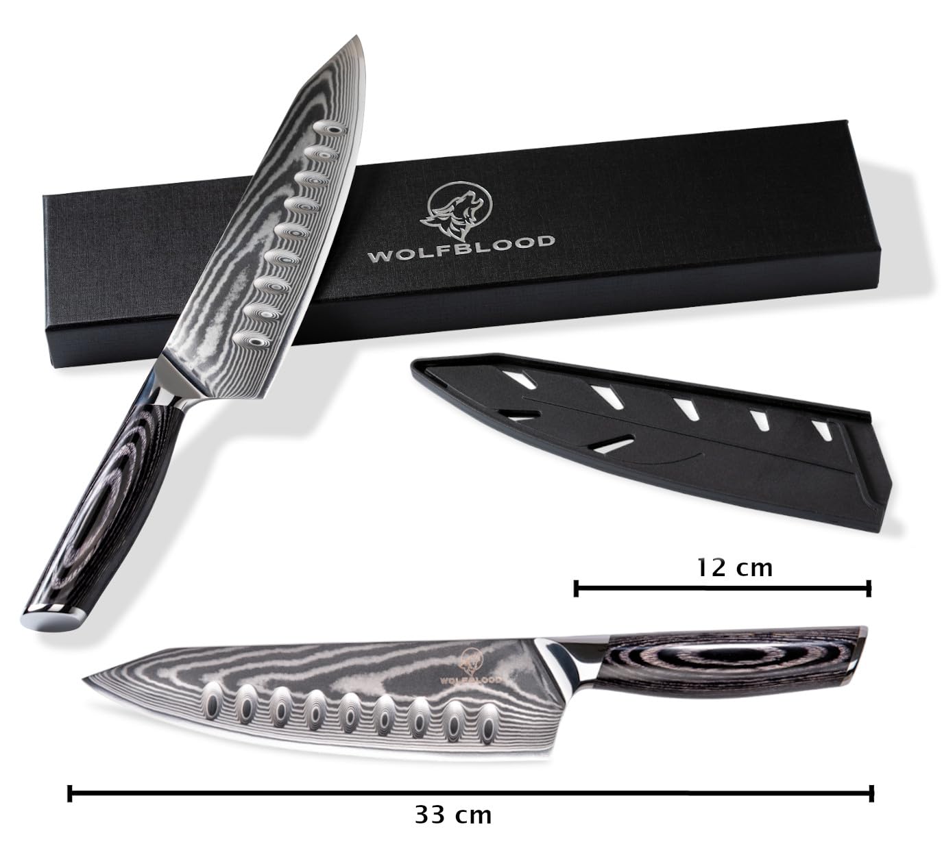 Wolfblood PRO Damastmesser Damast Küchenmesser XL(33cm) TÜV geprüfter 62 HRC Damaststahl aus 67 Lagen I Kochmesser Profi Chefmesser mit Holzgriff Geschenkbox & Klingenschutz