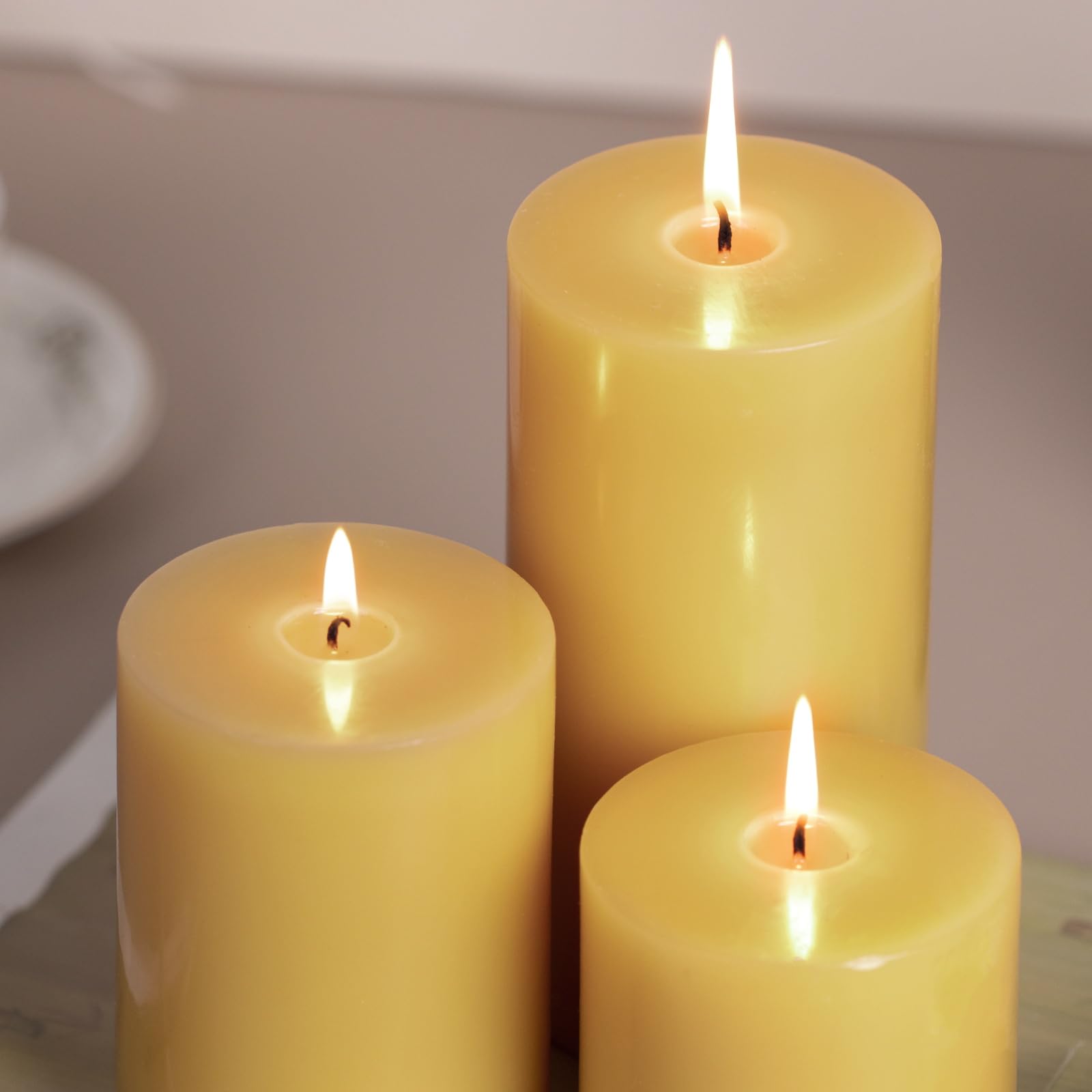 KONNI Juego de 3 velas de pilar amarillo mostaza, velas de pilar sin perfume de 3 x 6 pulgadas, velas de combustión de 56 horas de duración, sin humo y sin goteo para bodas, decoración del hogar,