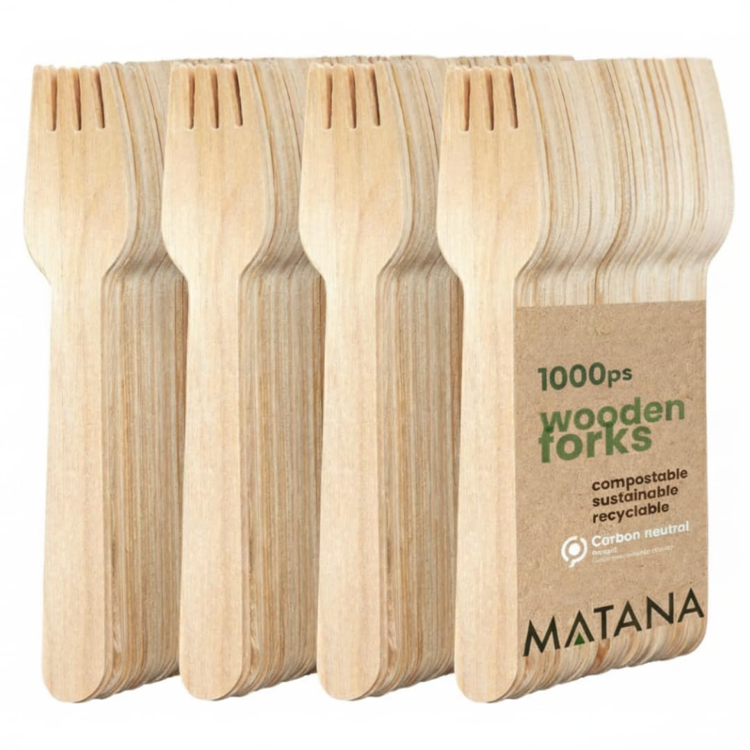 MATANA 1000 Premium Wooden Forks – 16 cm Birch Wood, Smooth & Splinter-Free, Plastic-Free Party Cutlery for BBQs, Picnics, Weddings & Catering - Compostable and Biodegradable