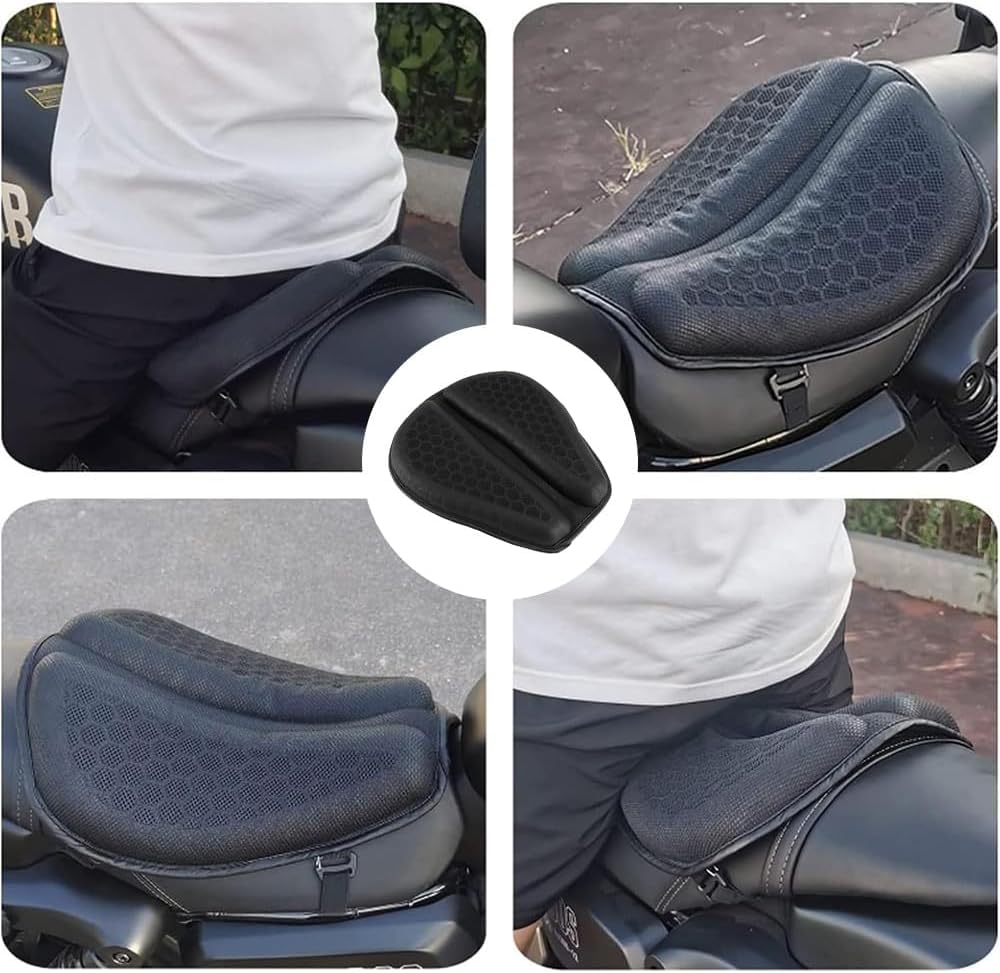 Kühlendes Gel-Motorradsitzkissen mit 3D-Wabenstruktur. Es beugt Steißbeinschmerzen vor, bietet maximalen Halt und ist einfach zu montieren und zu reinigen.