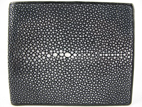 Genuine Polished Stingray Shagreen Skin Leather Bifold Slim Wallet (Black)2
