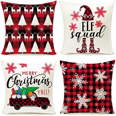 Christmas Decor Pillow Covers 18"x18" Farmhouse Black Red Buffalo Plaids Winter Holiday Set of 4 Linen Xmas Gnomes Truck Snowflake Reindeer Decor Throw Pillow Covers for Sofa Couch (Red Black P2)