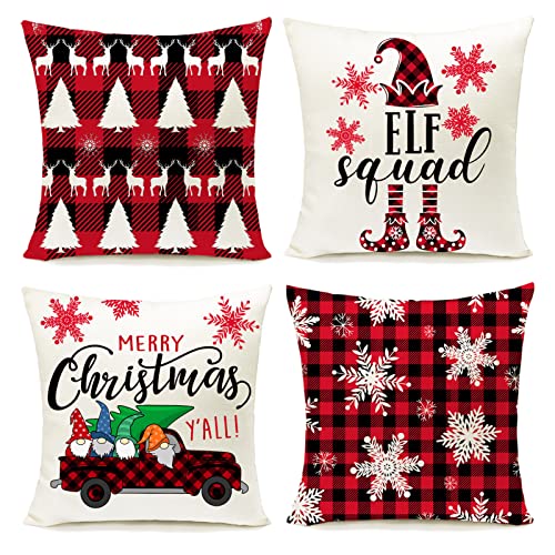 Christmas Decor Pillow Covers 18"X18" Farmhouse Black Red Buffalo Plaids Winter Holiday Set Of 4 Linen Xmas Gnomes Truck Snowflake Reindeer Decor Throw Pillow Covers For Sofa Couch (Red Black P2) #TOP3