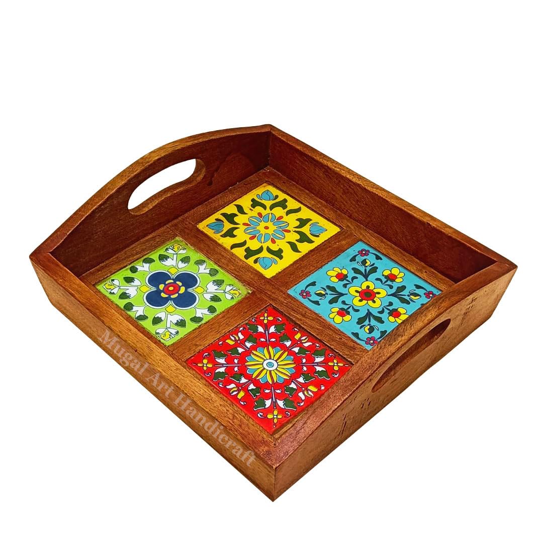 Mango Wood Serving Tray with Handle and 4 Fitted Floral Ceramic Tiles Wooden Platters Perfect for Breakfast Tea Coffee Snacks Dinner 23x23x8 cm Square