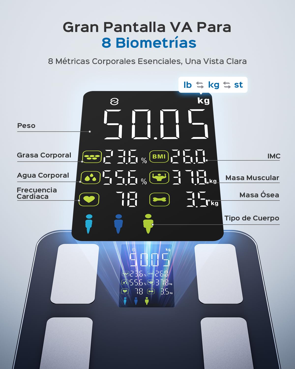 Báscula de Baño Digital, Báscula Grasa Corporal y Muscular con Gran Pantalla, 22 Métricas con IMC, Ritmo Cardíaco, Compatible con iOS y Android