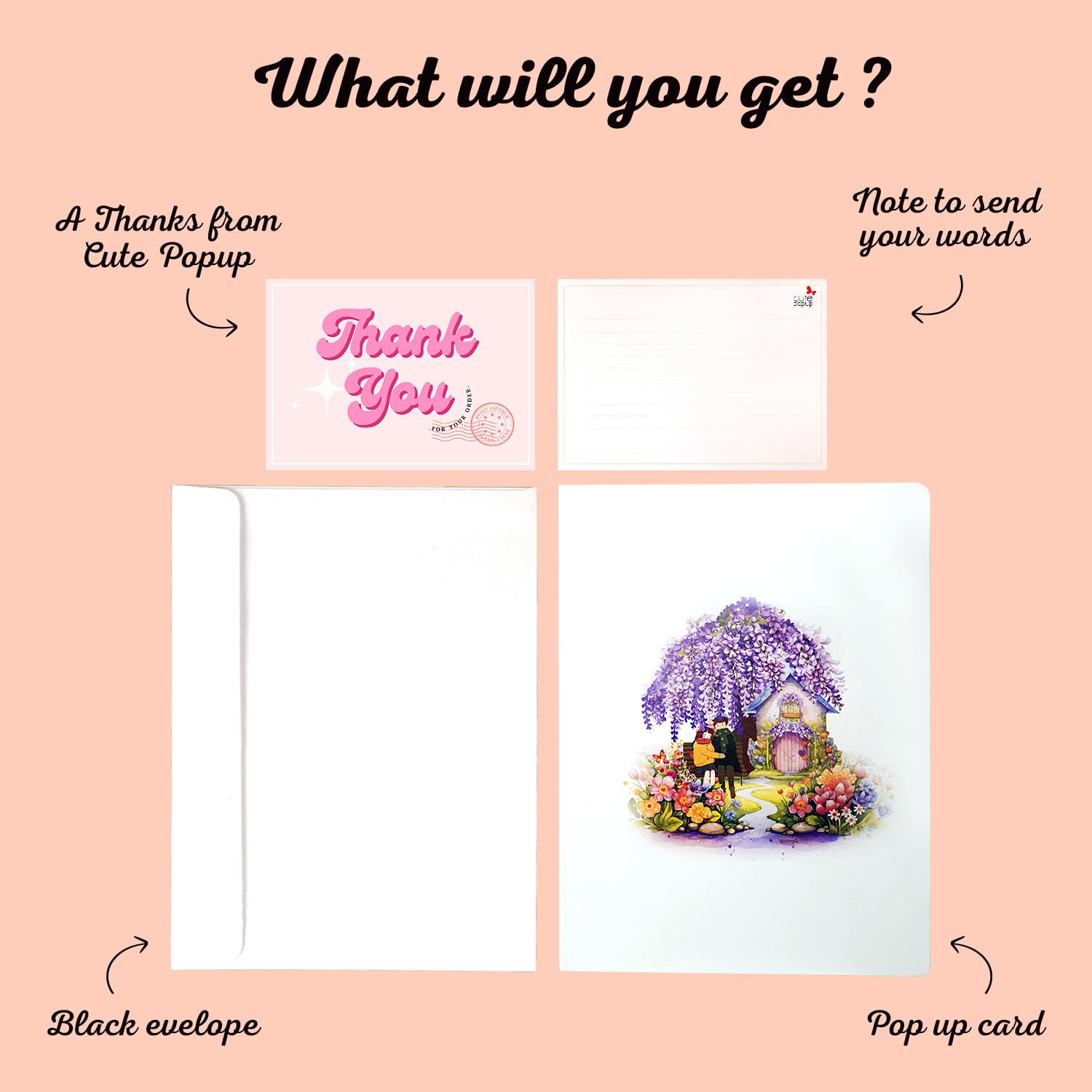 CUTE POPUP - Tarjeta emergente 3D para pareja romántica con diseño de glicina floreciente, para cumpleaños, San Valentín, boda, aniversario, regalo hecho a mano para novia, esposa o pareja