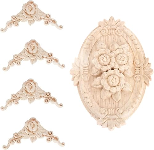 BSYMDH 5 piezas de apliques de madera tallada en madera Onlays Onlays DIY tallados muebles apliques Onlays sin pintar centro tallado calcomanía para