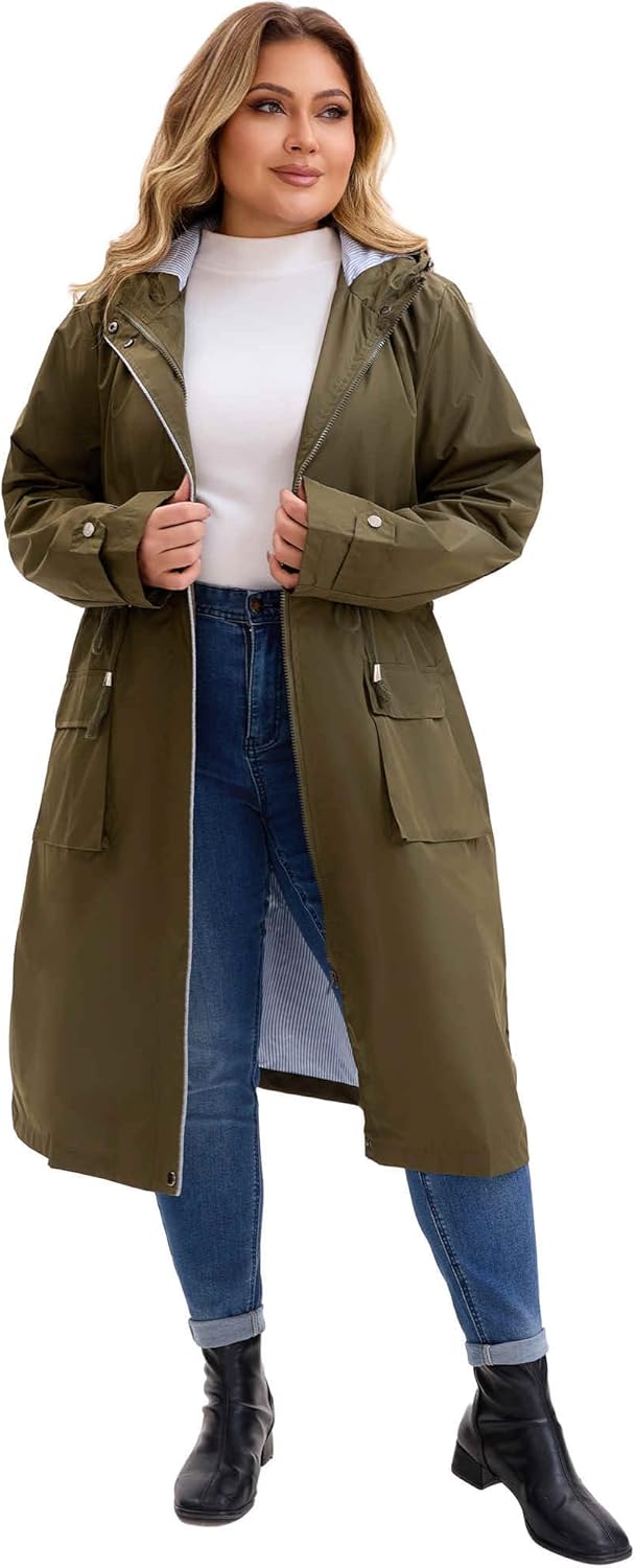 Agnes Orinda Plus Size Hooded Long Jacket for Women Adjustable Drawstring Waist Zipper Outdoor Windbreaker Trench Coats