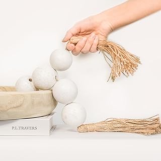 Extra Large Wood Bead Garland with 2" Diameter Wooden Beads, Wooden Beads Garland with Tassels, Decorative Beads for Farmhouse Decor (Rustic White, 27 Inches)