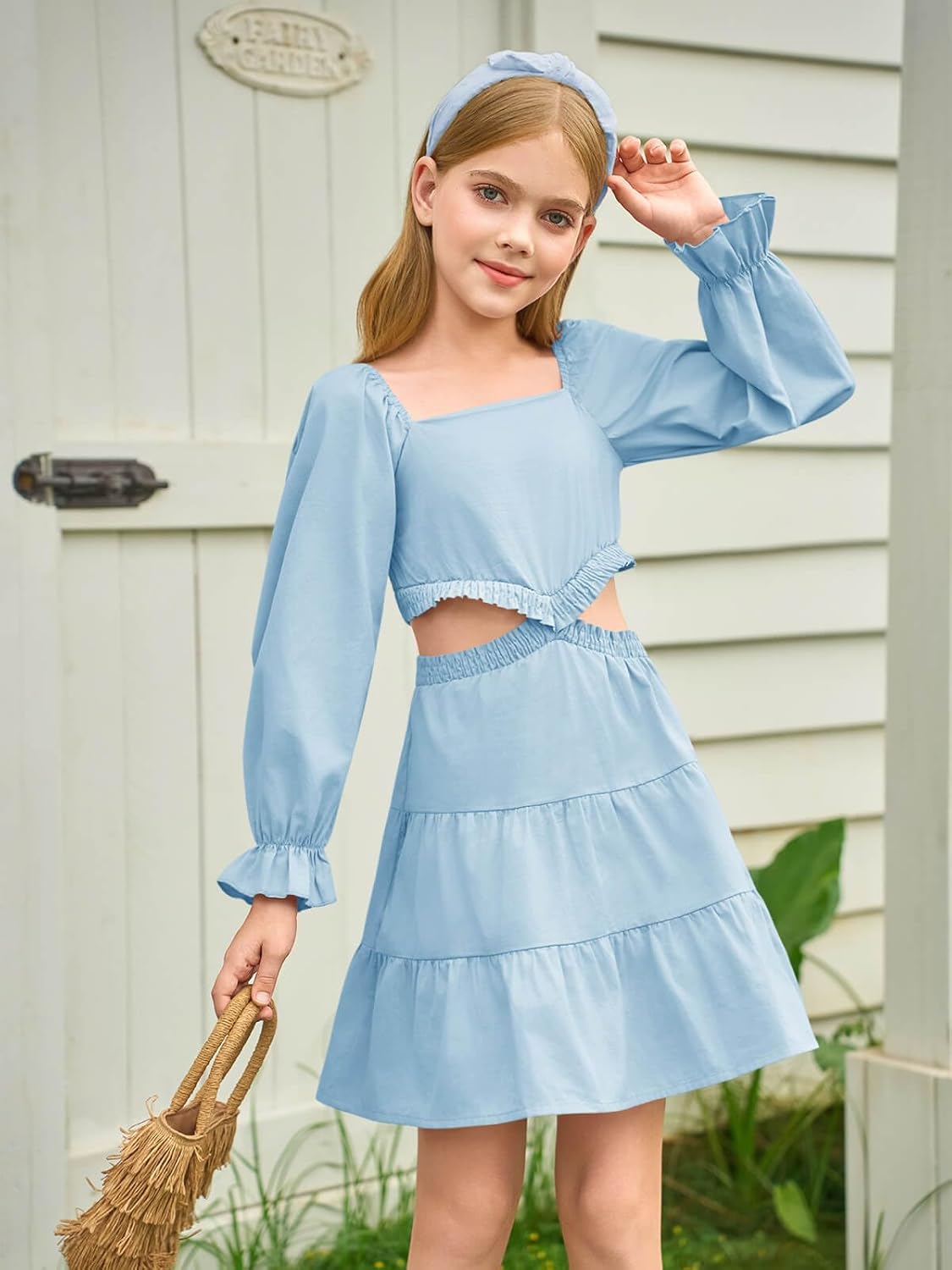 Haloumoning Girls Dresses Long Sleeve Square Neck Crossover Waist Casual A-Line Spring Fall Dress 5-14Y - Image 3