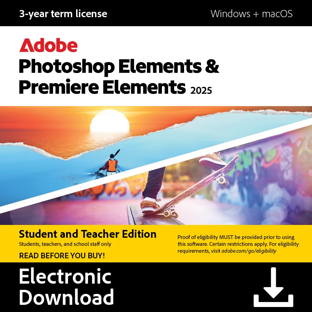 Adobe Photoshop 2025 & Premiere Elements 2025 |Student & Teacher Edition | 3-year term licence |1 Device|1 User|PC/MAC|Digital Download
