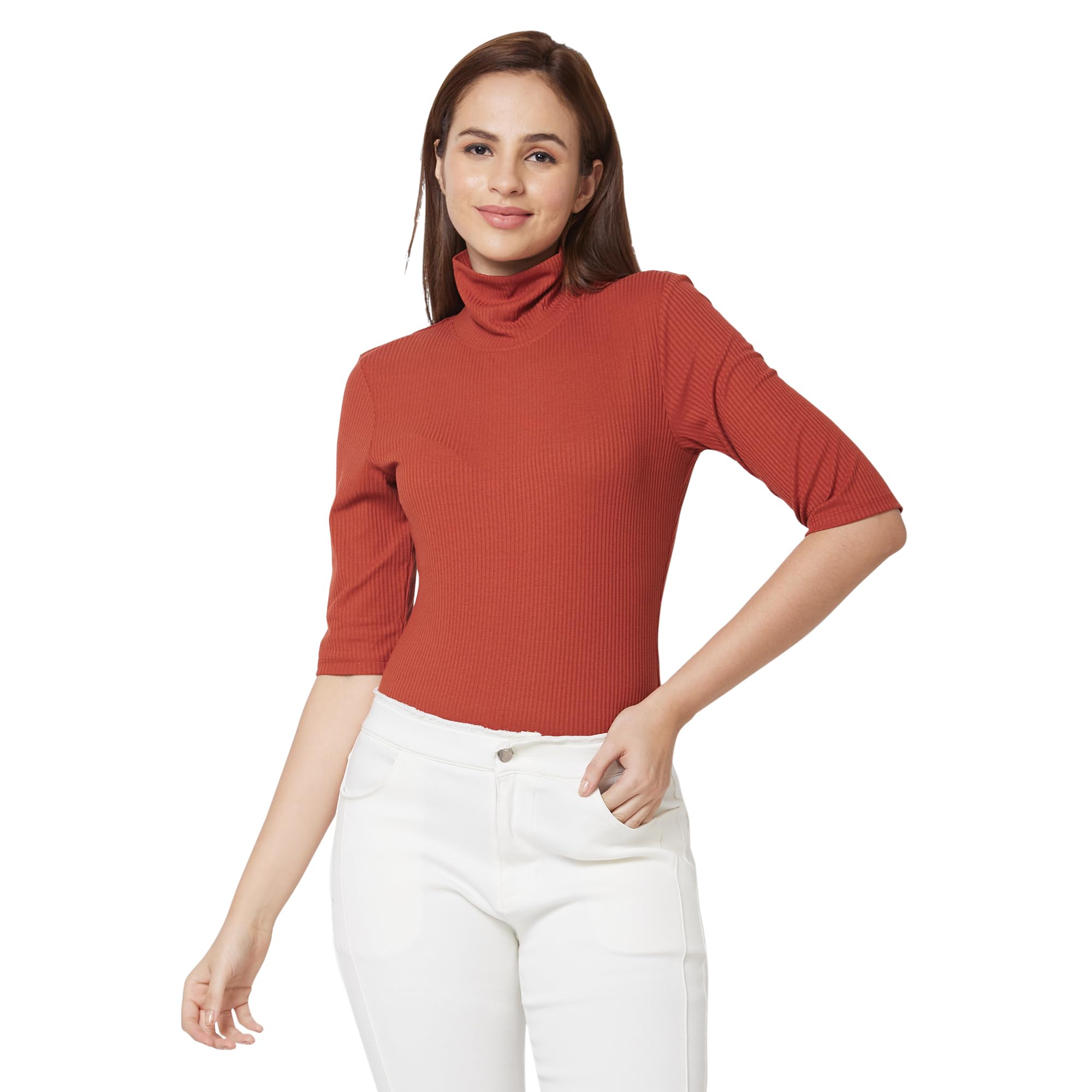 Spykar High Neck 3/4Th Sleeve Solid Slim Fit T-Shirt for Women in neutral